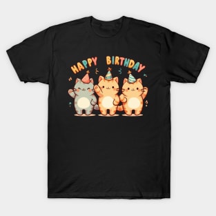 Kawaii Happy Birthday Three Cats Party T-Shirt